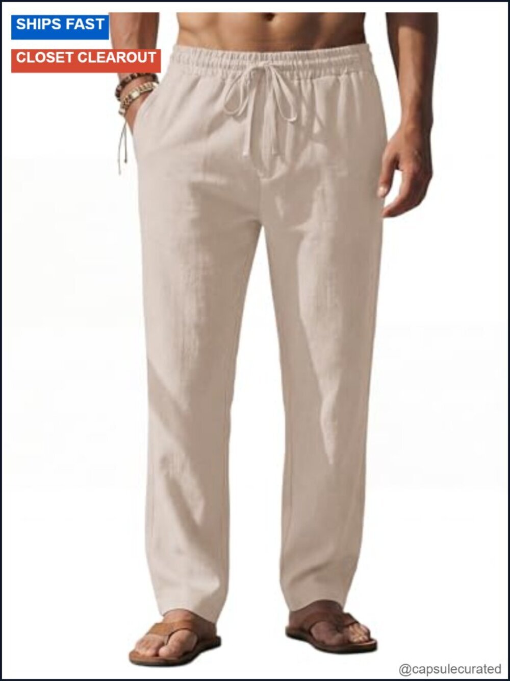 Men's Casual Linen Pants Loose Fit Elastic Waist Drawstring Lightweight Summer